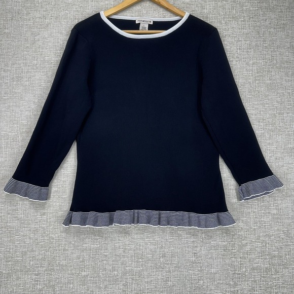Notations Tops - Notations Top Womens Large Black Stripe Ruffle Hem 3/4 Sleeve Knit